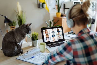 Lady sitting at desk wearing headphones on a Zoom call with her grey cat sitting on desk.